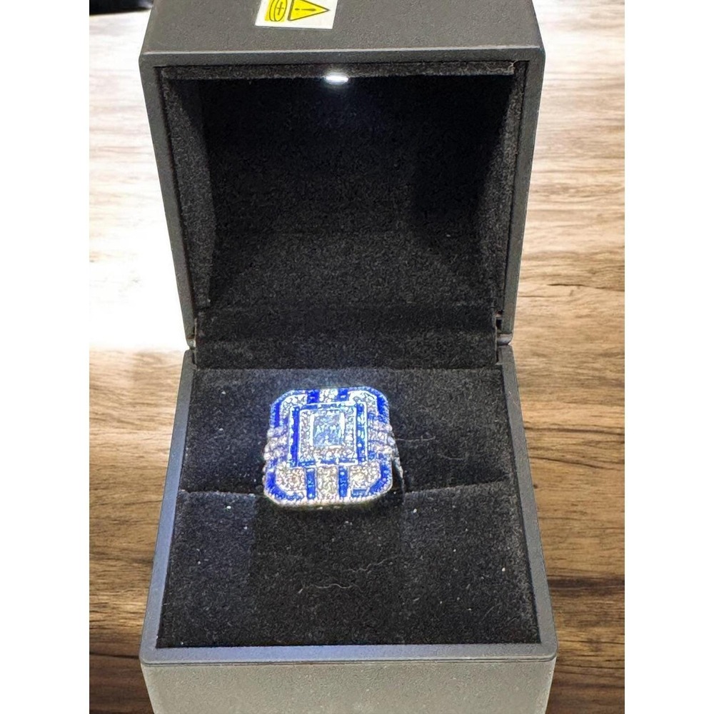 Art Deco Style Blue White Geometric Statement Cocktail Ring Size 8.5